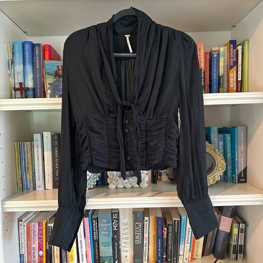 Free People || Satin Button up with front tie blouse || black || Sz S || NWT